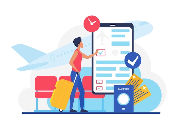 Vector aplicación de teléfono de avión de vuelos de reserva en línea