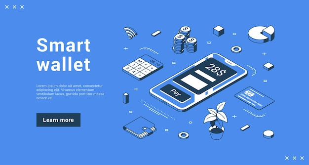 Aplicación de teléfono inteligente de billetera inteligente para el conteo de pagos por Internet sin contacto y el análisis de la ilustración vectorial isométrica de la página de inicio de finanzas. Publicidad de tecnología nfc de transacciones en línea de dinero