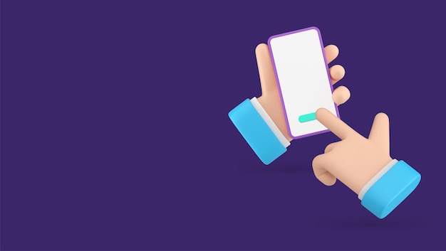 Aplicación de teléfono inteligente con el botón de clic a mano pantalla vacía copia espacio menú icono 3D vector realista