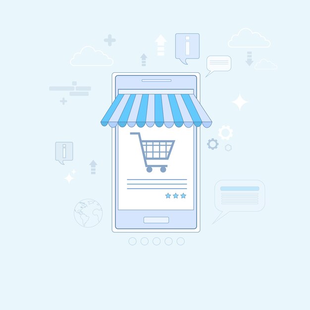 Aplicación de teléfono inteligente celular Compras en línea ilustración de vector de línea delgada
