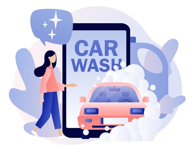 Aplicación de teléfono inteligente del servicio de lavado de autos El transporte está limpio Gente pequeña lavando automóviles con agua