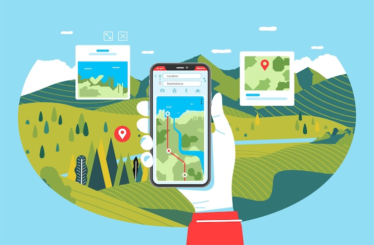Vector aplicación de teléfono para viajar y hacer senderismo, ilustración de mano sosteniendo el teléfono con el paisaje natural de fondo. tu