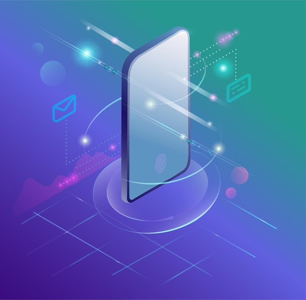 Aplicación de teléfonos inteligentes con gráficos comerciales y datos analíticos en teléfonos móviles isométricos