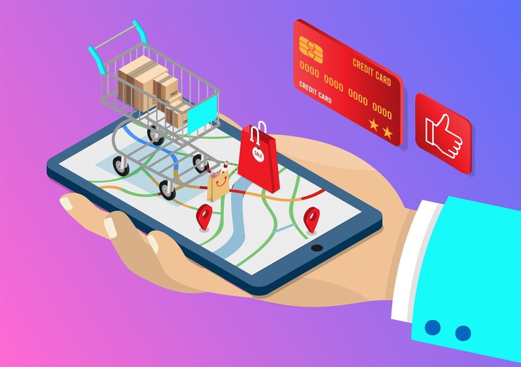 Vector aplicación para teléfonos inteligentes pagos móviles y de computadora transacción en línea proceso de compras en línea en el teléfono inteligente diseño isométrico de ilustración de dibujos animados de vecter