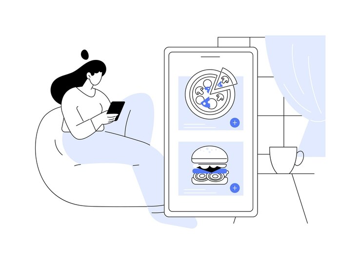Vector aplicaciones de alimentos concepto abstracto ilustración vectorial mujer sosteniendo un teléfono inteligente y usando la aplicación de entrega de alimentos desarrollo de tecnología de ti ordenar productos en línea usando el proceso de gadget metáfora abstracta