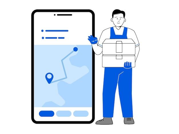 Aplicaciones de entrega mapa ruta de navegación dirección hombre cartero servicio de entrega de envíos traer caja azul
