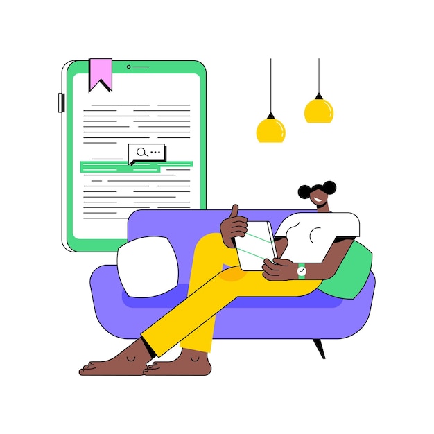 Aplicaciones para la lectura de libros ilustraciones vectoriales de dibujos animados aisladas mujer leyendo libros usando tableta moderna