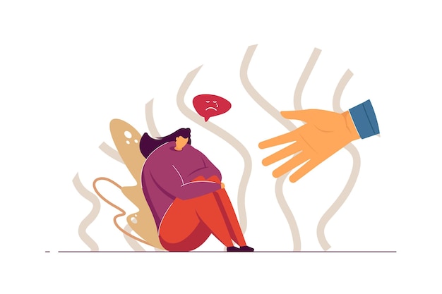 Apoyando la mano humana ayudando a la mujer triste ilustración plana
