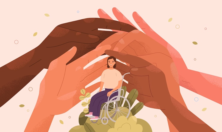 Vector apoyar a las personas discapacitadas en el concepto de silla de ruedas. ayuda social benéfica, ayuda para mujer con discapacidad. manos, sociedad que protege y se preocupa por las personas en silla de ruedas. ilustración de vector plano.
