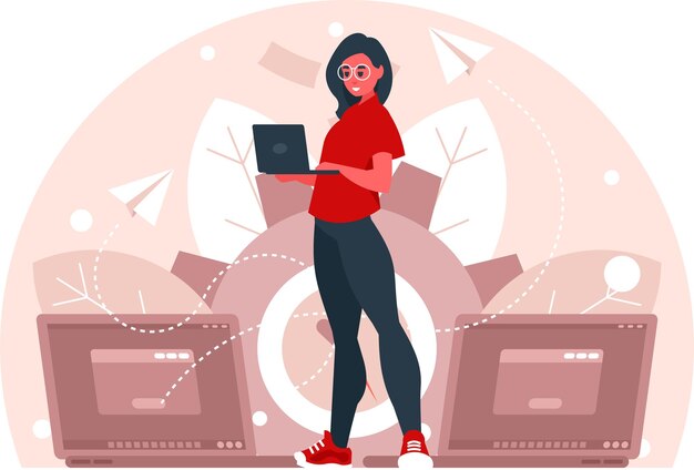 Apoyo al usuario Mujer de pie con una computadora portátil Programadora femenina sosteniendo una computadora portable Software de negocios