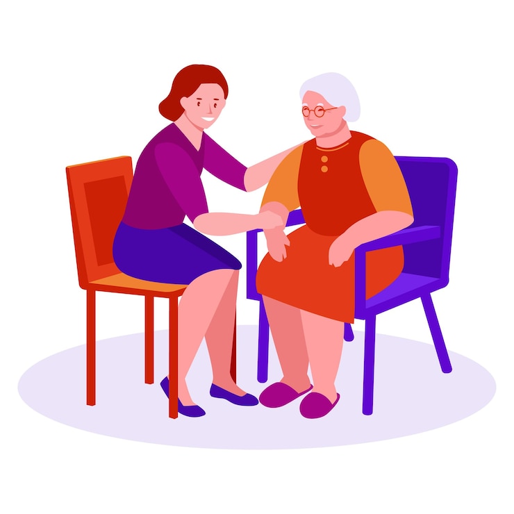 Vector apoyo, cuidado de personas mayores. una mujer joven se sienta junto a una anciana.