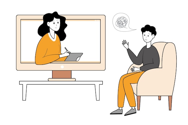 Apoyo emocional y psicológico en línea Hombre hablando con psicólogo en la pantalla Vector