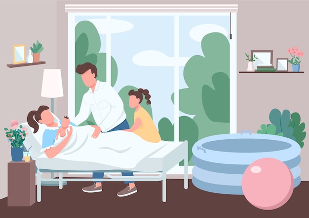 Apoyo familiar para el parto color plano. Mujer en la cama sostenga al bebé. Marido y hermana. Parto en casa alternativa. Familiares personajes de dibujos animados en 2D con interior en el fondo