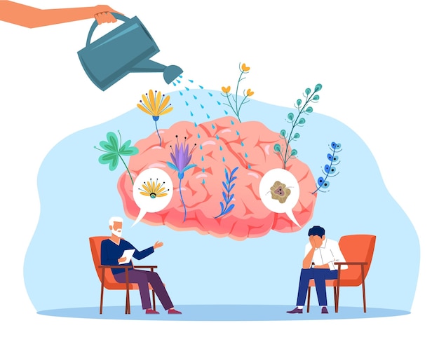 Apoyo psicológico Recuperación y rehabilitación mental después de la depresión o el médico traumático ayuda al hombre a resolver problemas en el cerebro de consulta con el concepto de psicoterapia vectorial de flores