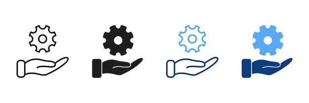 Apoyo tecnológico Pictograma de mano sostiene el equipo Icon Set de mantenimiento técnico Colección de símbolos
