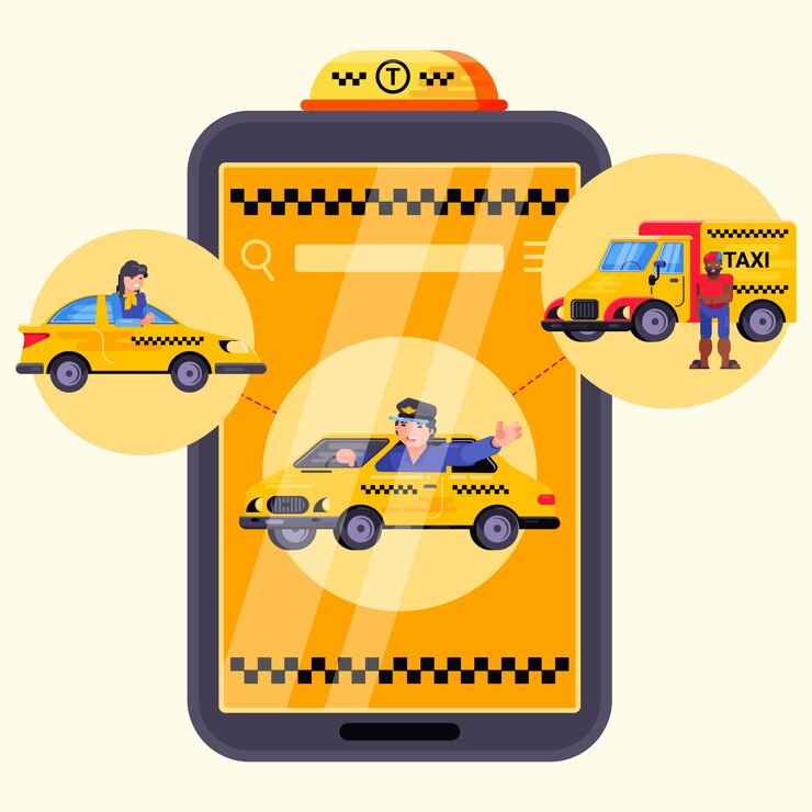Vector app city car mobile taxi service, ilustración. conductor cerca de la cabina en la aplicación, pedido en línea automático en el teléfono inteligente del pasajero