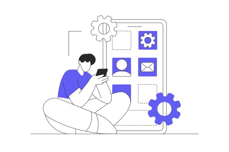 Vector app development man programming and creating responsive layout working with applications button