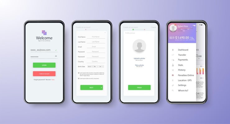Vector app ui kit for responsive mobile app or website with different gui layout including login create account profile transaction and notification screens