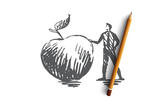 Vector apple, comida, fruta, concepto fresco y orgánico. hombre dibujado a mano y boceto de concepto de gran manzana. ilustración.