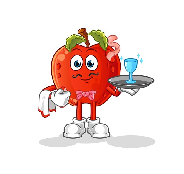 Apple con dibujos animados de camarero de gusano vector de mascota de dibujos animados