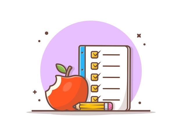 Apple fruta y lista de libros, lápiz. ilustración del icono de regreso a la escuela.