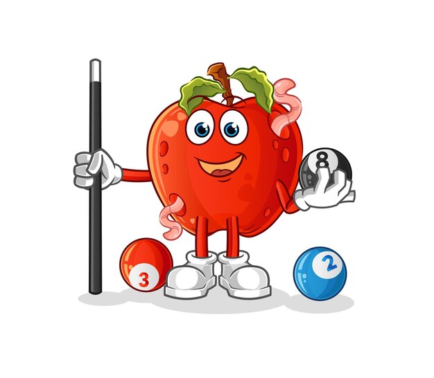 Apple con gusano juega vector de mascota de dibujos animados de personaje de billar