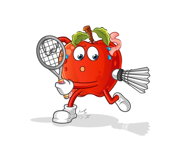 Apple con gusano jugando vector de caracteres de ilustración de bádminton