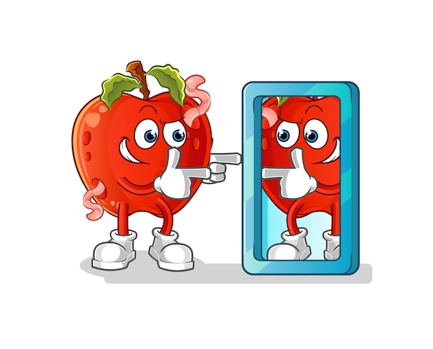 Apple con gusano mirando en el vector de mascota de dibujos animados de dibujos animados de espejo