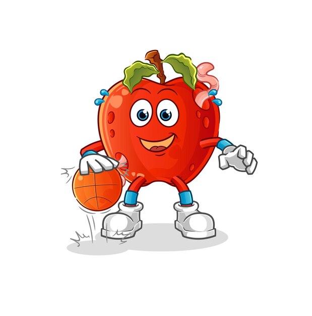Apple con gusano regate baloncesto personaje dibujos animados mascota vector