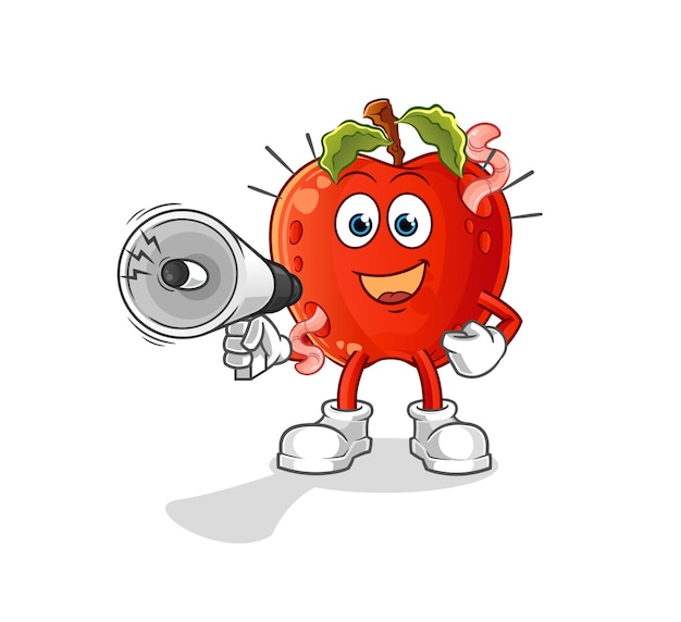 Apple con gusano sosteniendo altavoces de mano vector personaje de dibujos animados