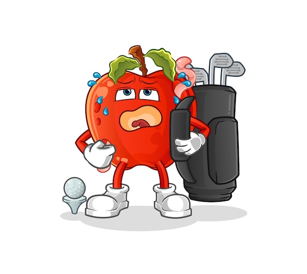 Apple con gusano con vector de mascota de dibujos animados de equipo de golf