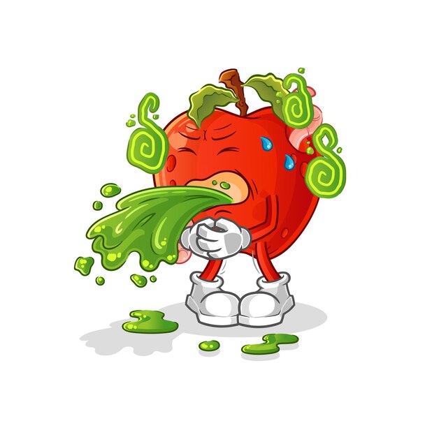 Apple con gusano vomita dibujos animados. vector de mascota de dibujos animados
