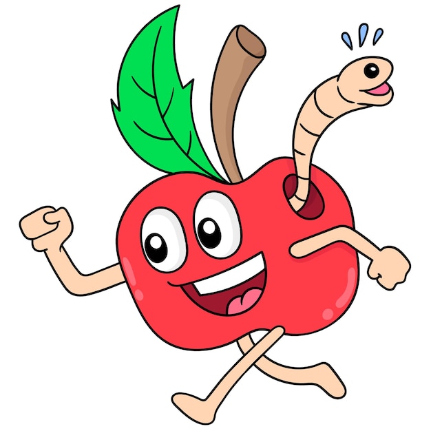 Apple tiene una cara feliz riendo corriendo con una oruga en su cuerpo, arte de ilustración vectorial. imagen de icono de doodle kawaii.