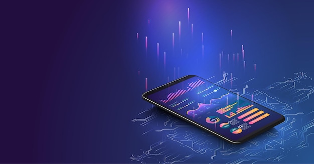 Application of smartphone with business graph and analytics data on isometric laptop Analysis trends and financial strategy by using infographic chart Online statistics and data Analytics