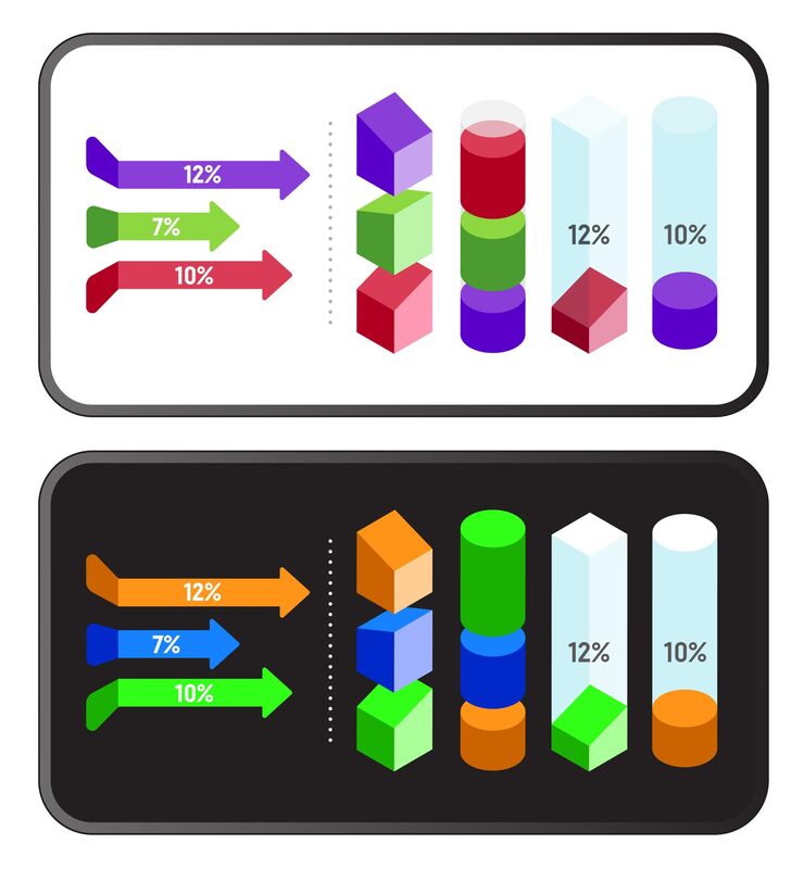 Vector application with infographics elements and objects set in user interface ui on device