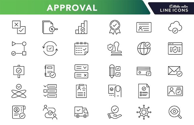 Approval line icon set Quality Control business audit agreement check agree outline vector icon