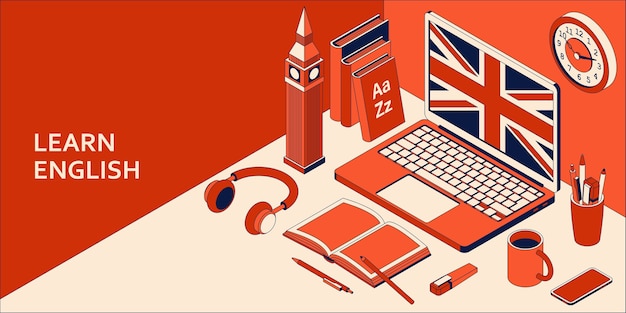 Aprenda el concepto isométrico de inglés con computadora portátil abierta, libros, auriculares y café. ilustración