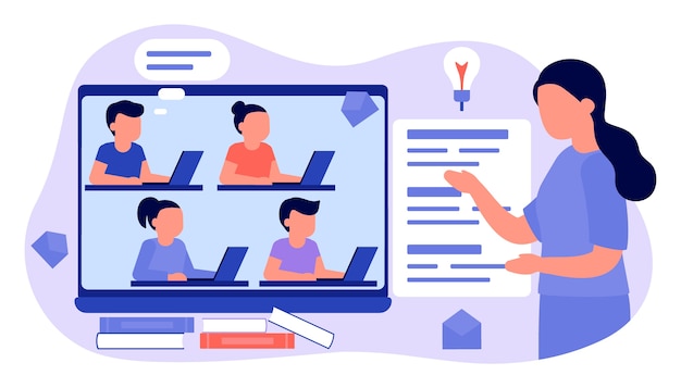Aprenda a distancia con el profesor, educación en línea. Niños niño y niña está sentado en la computadora portátil y estudiando la lección. El niño aprende de forma remota. Escuela en casa, e-learning web, concepto de conocimiento. estilo plano