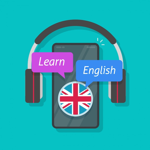 Aprenda inglés o idioma extranjero en línea en el teléfono móvil y los auriculares del teléfono inteligente concepto de vector de educación de audio ilustración de estilo de dibujos animados plana
