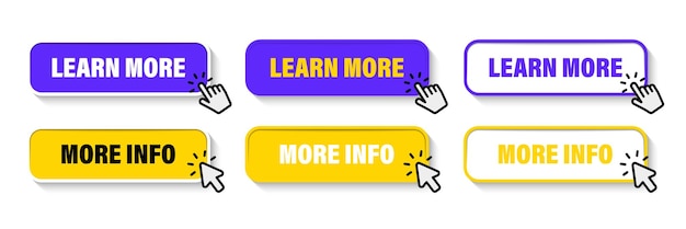 Aprenda más botones web Botón Leer más Botones de llamada a la acción Botón de aprender más de moda para la plantilla de diseño de etiqueta de banner de etiqueta de sitio web Colección de botones de información moderna
