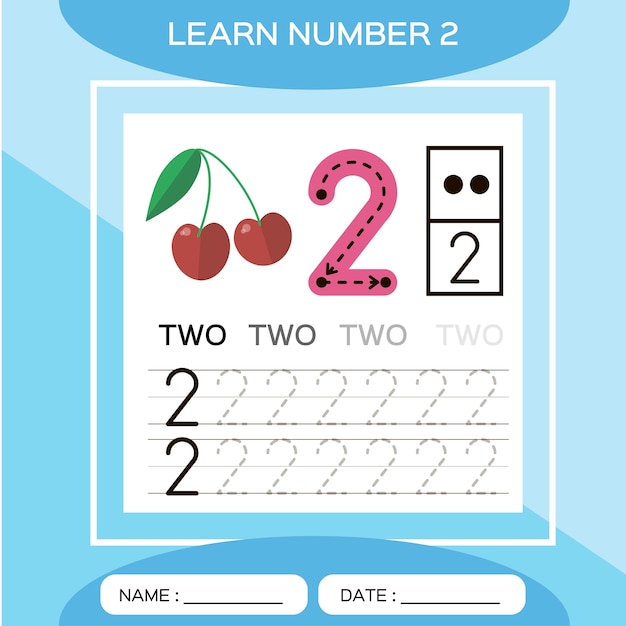 Aprenda el número 2. dos. juego educativo para niños. tracemos el número 2 y escribamos. contando juego.