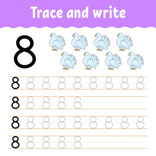 Aprenda los números. Trazar y escribir. Práctica de escritura a mano. Hoja de trabajo de desarrollo de educación.