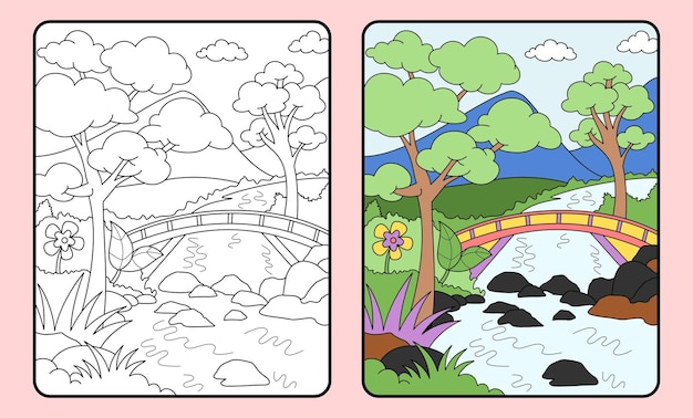 Aprende a colorear para niños y escuela primaria Puentes de montañas y ríos