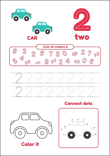 Aprende el número 2 para niños en edad preescolar Muchos juegos en una página Colorear punto a punto