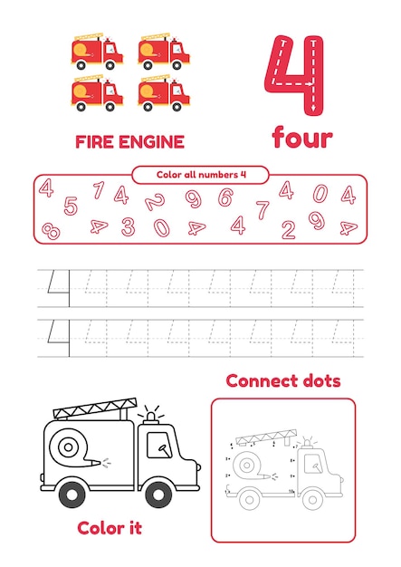 Aprende el número 4 para niños en edad preescolar Muchos juegos en una página Colorear punto a punto