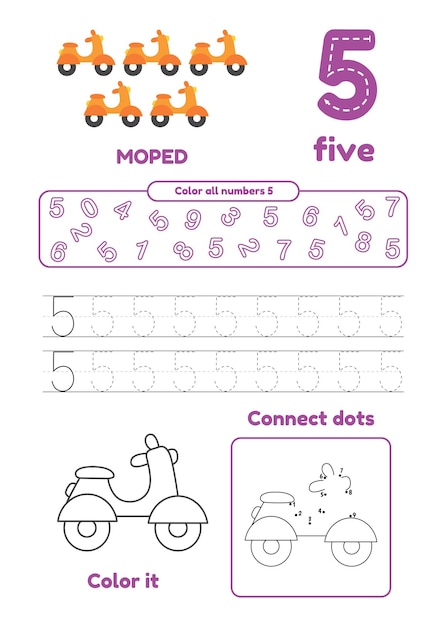 Aprende el número 5 para niños en edad preescolar Muchos juegos en una página Colorear punto a punto