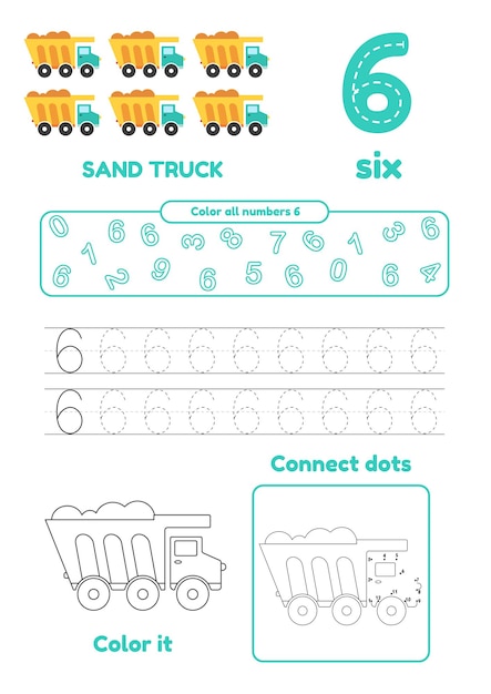 Aprende el número 6 para niños en edad preescolar Muchos juegos en una página Colorear punto a punto
