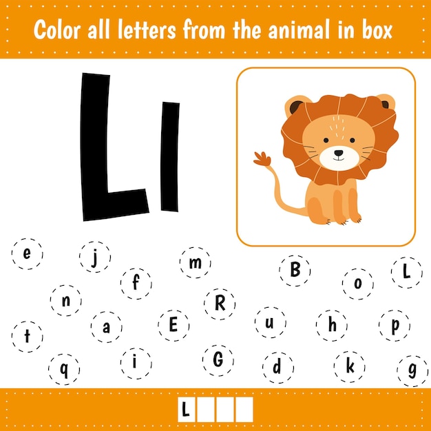 Aprender el alfabeto inglés. Reconocimiento de letras. Colorea todas las letras Ll. Hoja de trabajo educativa para la escuela y el jardín de infantes. L es para león.