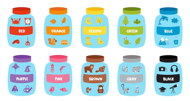 Aprender colores básicos para niños en edad preescolar Conjunto de frascos de colores con objetos de colores Hoja de trabajo para niños