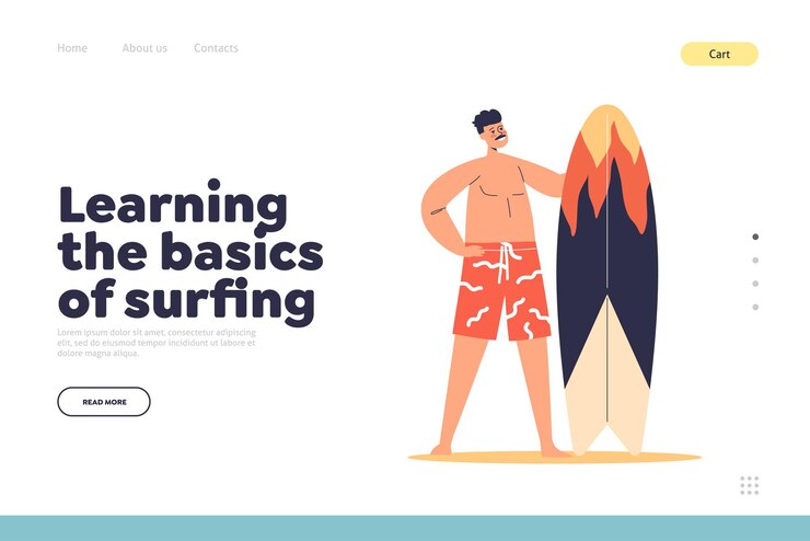 Vector aprender el concepto básico de navegación de la página de destino con un joven que sostiene una tabla de surf